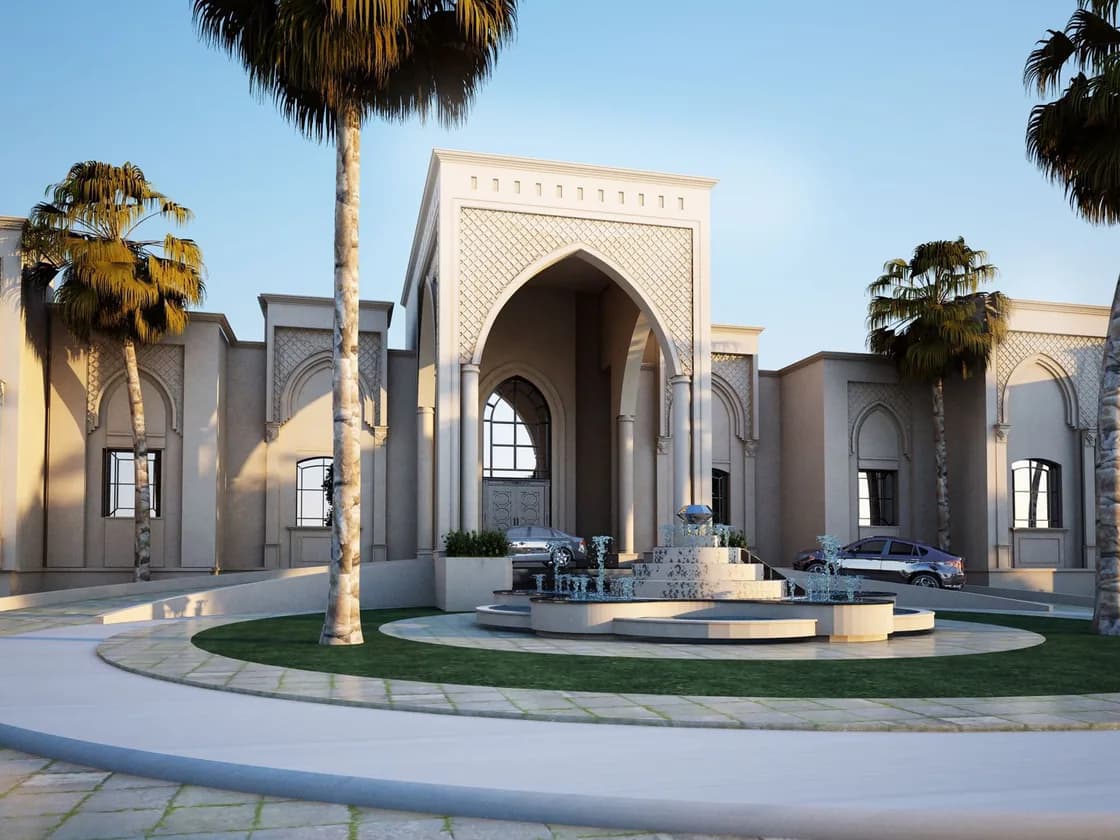 Completed palace compound with landscaped courtyard and fountain